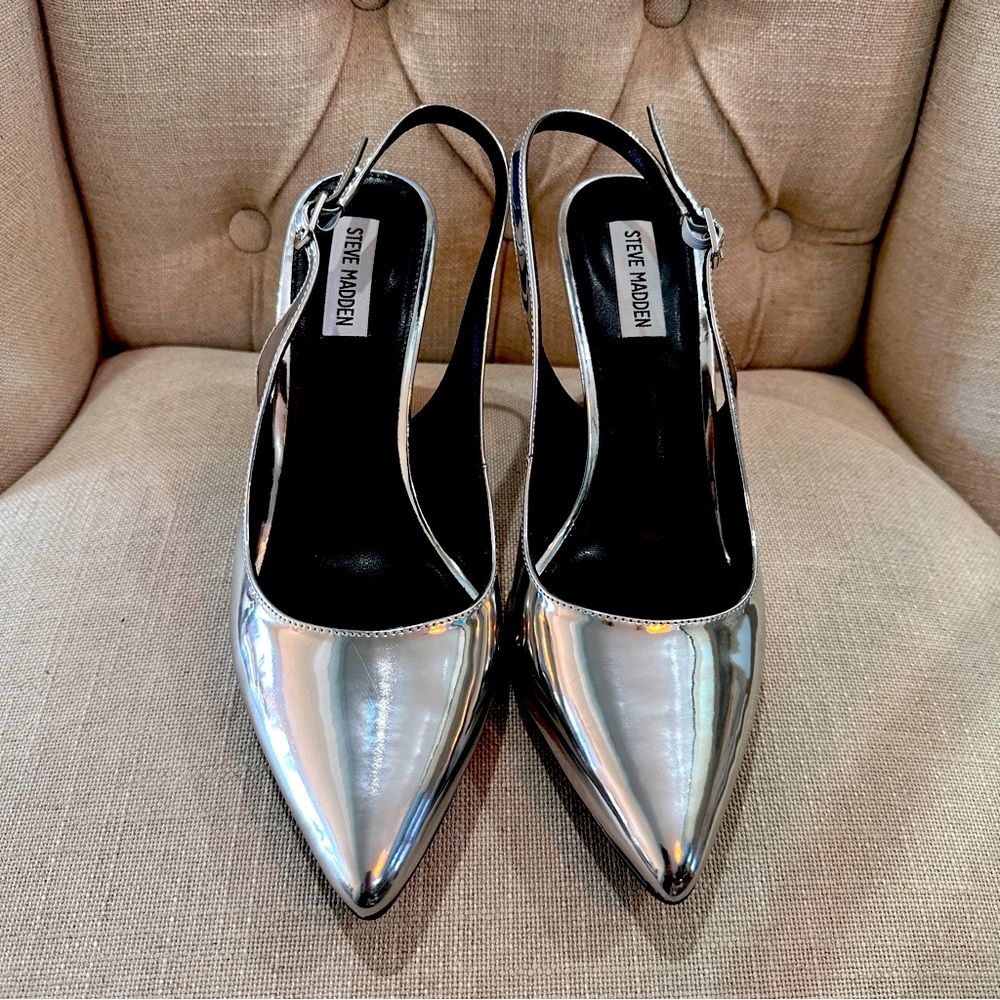 Steve Madden Pumps Metallic Chrome Silver Slingback Heels 10